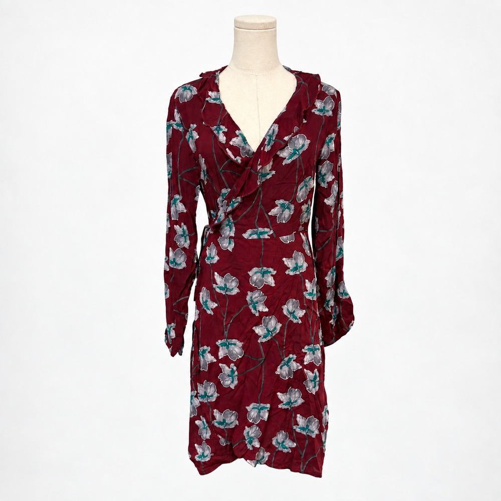 Zeagoo Floral Wrap Dress M Burgundy Brown Ruffle Long Sleeve Cottagecore Short